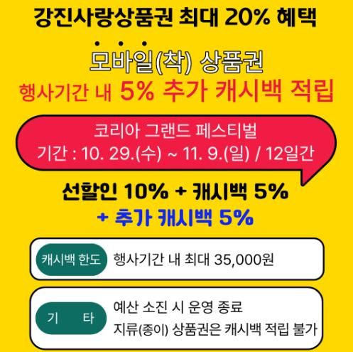모바일(착) 강진사랑상품권, 5% 추가 캐시백 지원