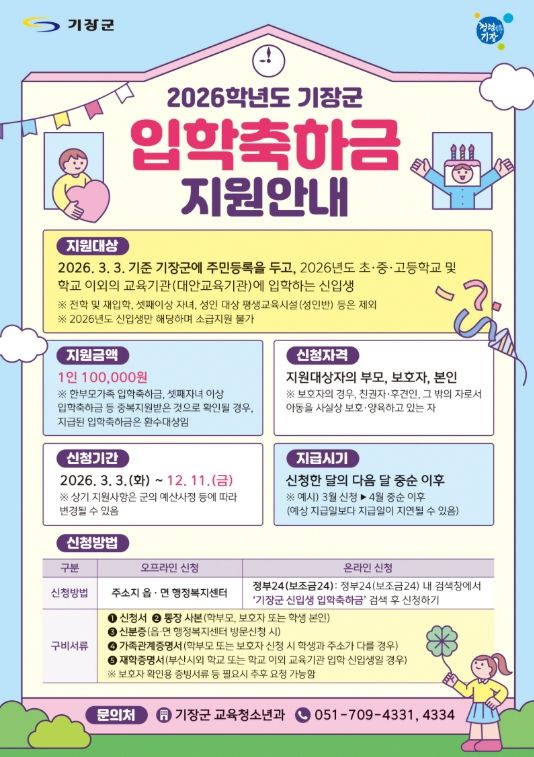 올해도 초·중·고 신입생에게 입학축하금·교복구입비 지원한다