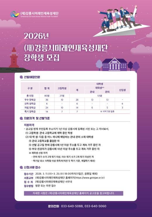 강릉시미래인재육성재단, 2026년 장학생 선발 신청 접수