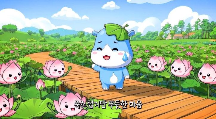 함안군, 환경마스코트 ‘하마니’를 활용한 홍보 애니메이션 출시_하마니 애니 중 연꽃테마파크 정화 장면