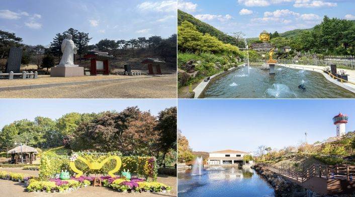 용인의 대표 관광지인 포은 정몽주 선생 묘, 와우정사, 용인자작나무숲, 용인농촌테마파크(시계방향)